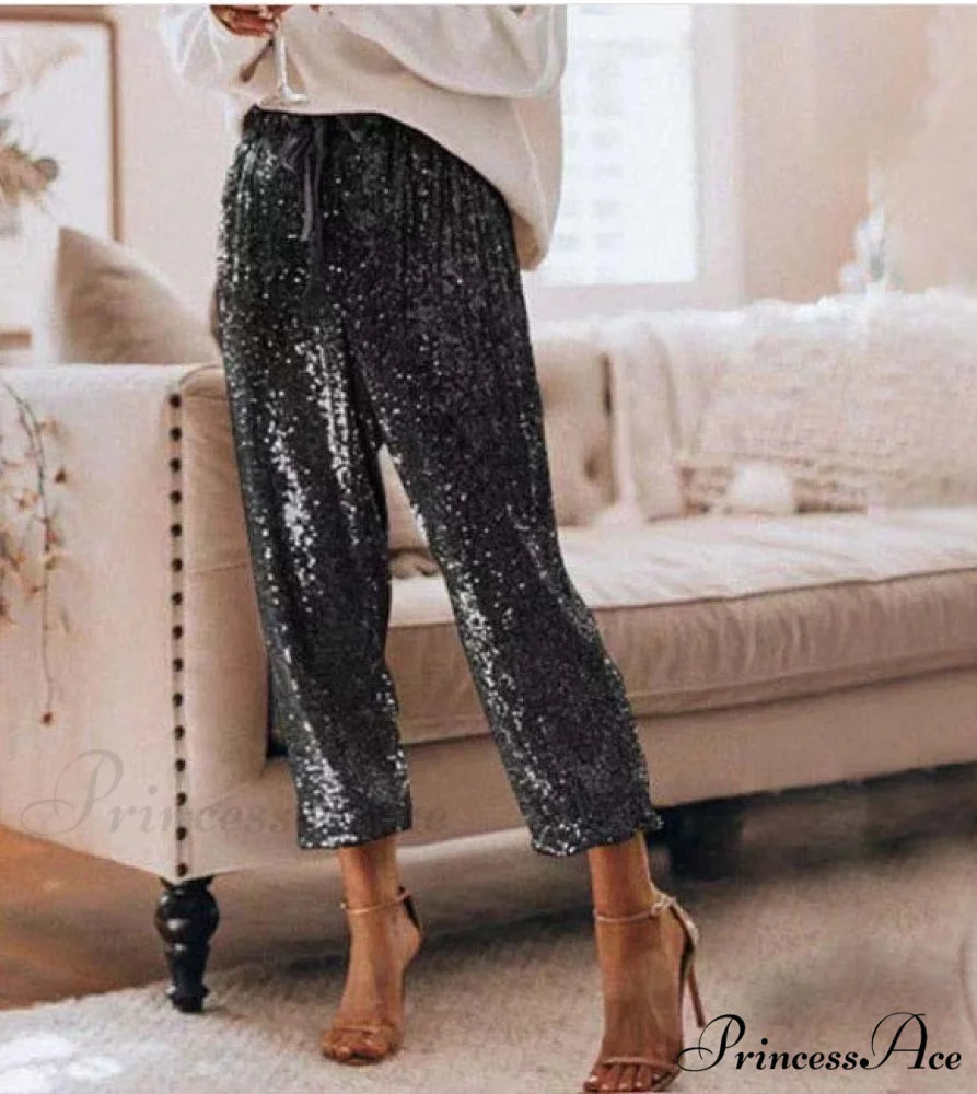 Sequin Shiny Wide Beam Leg Pants