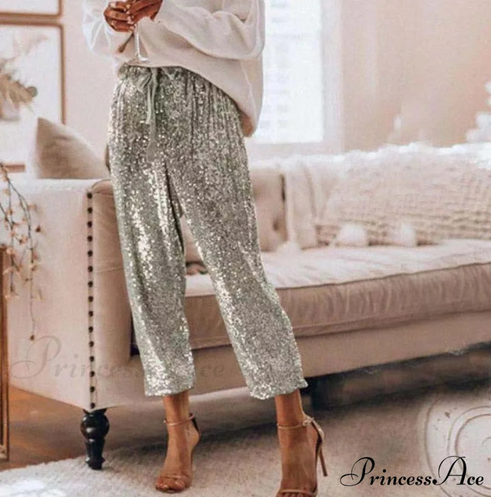 Sequin Shiny Wide Beam Leg Pants