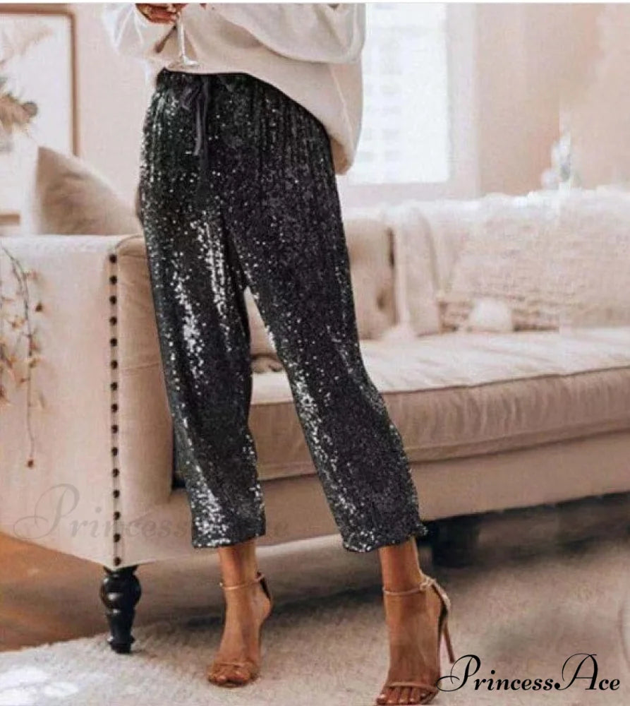 Sequin Shiny Wide Beam Leg Pants Black / S