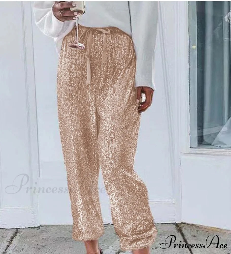 Sequin Shiny Wide Beam Leg Pants Gold / S