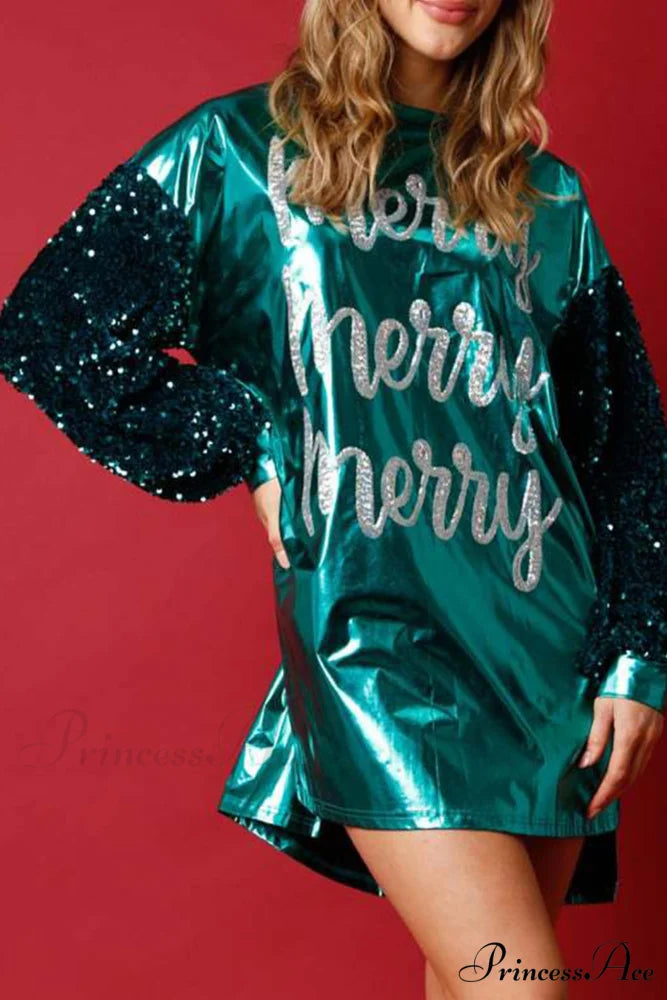 Sequin Sleeve Letter Graphic Dress Green / S