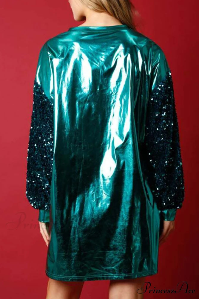 Sequin Sleeve Letter Graphic Dress Green / XL
