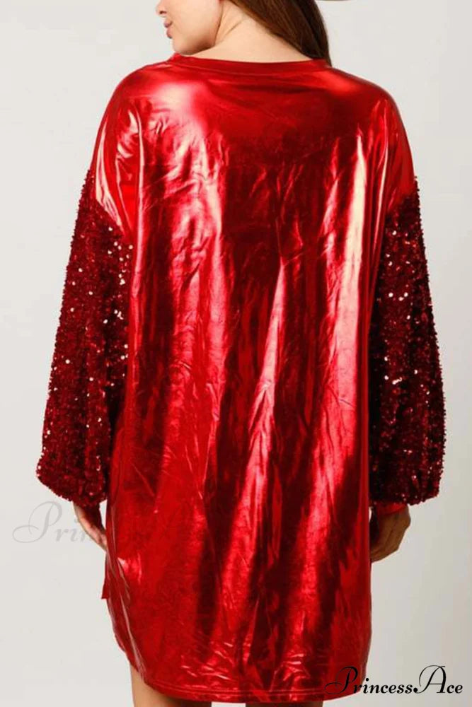 Sequin Sleeve Letter Graphic Dress Red / 2XL