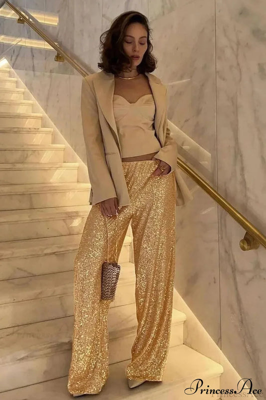 Sequin Slim-Fit Straight Casual Pants