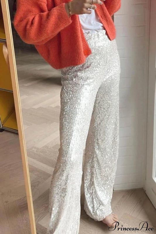 Sequin Slim-Fit Straight Casual Pants