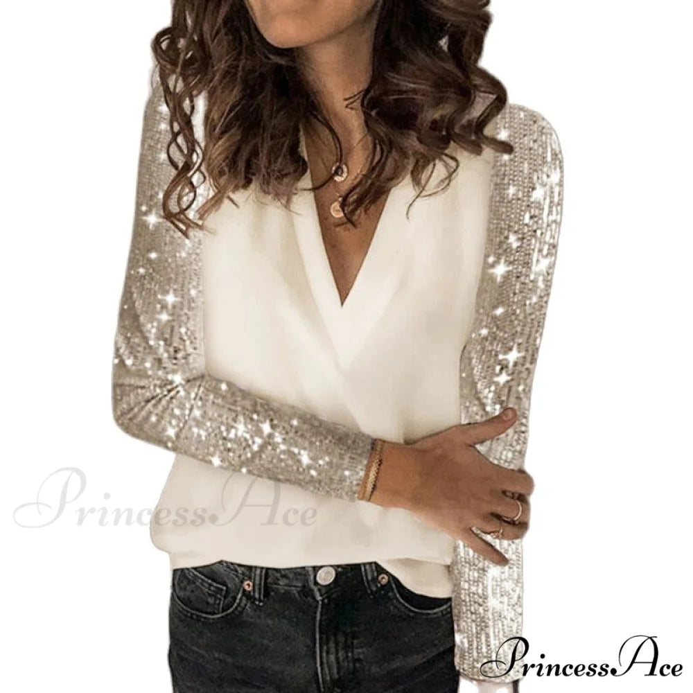 Sequin Splice Long Sleeve Loose V-Neck Pullover Beige / S