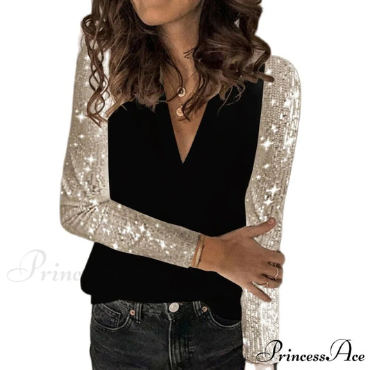 Sequin Splice Long Sleeve Loose V-Neck Pullover Black / S