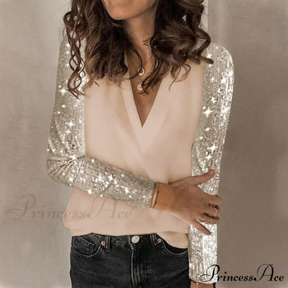Sequin Splice Long Sleeve Loose V-Neck Pullover MULTI / S