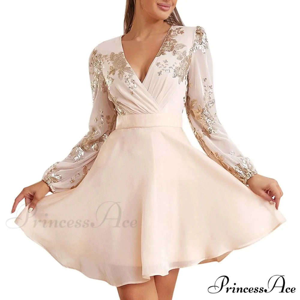 Sequin Stitching V Neck Party Gauze Long Sleeve Short A-Line High Waist Female Elegant Evening Party Dress