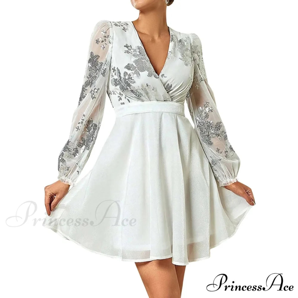 Sequin Stitching V Neck Party Gauze Long Sleeve Short A-Line High Waist Female Elegant Evening Party Dress