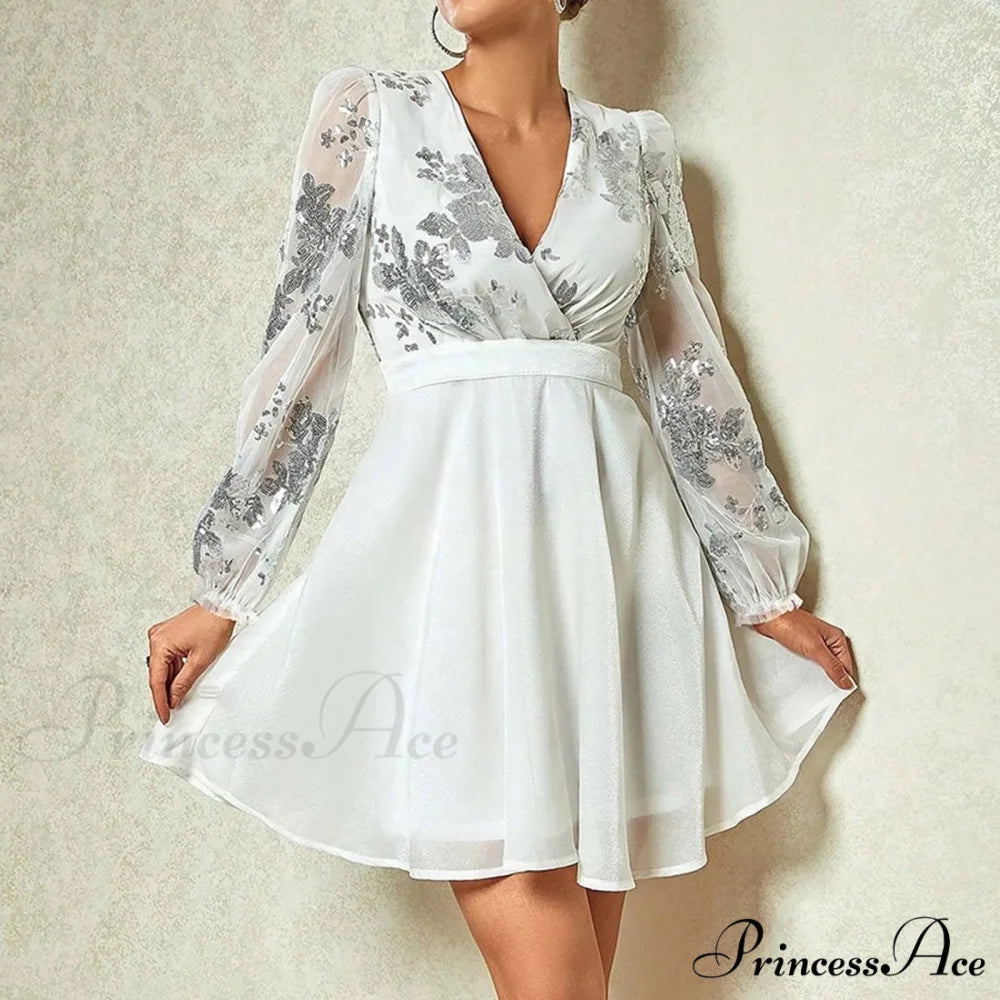 Sequin Stitching V Neck Party Gauze Long Sleeve Short A-Line High Waist Female Elegant Evening Party Dress White / S