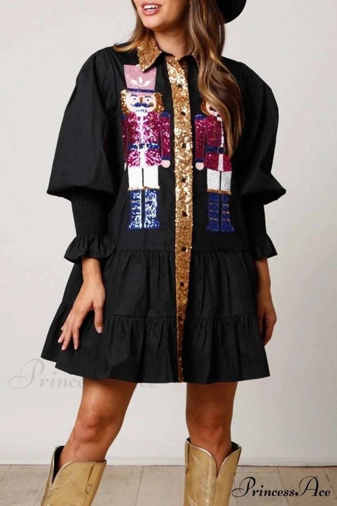 Sequin Tiered Mini Dress with Lapel Button Up Black / L