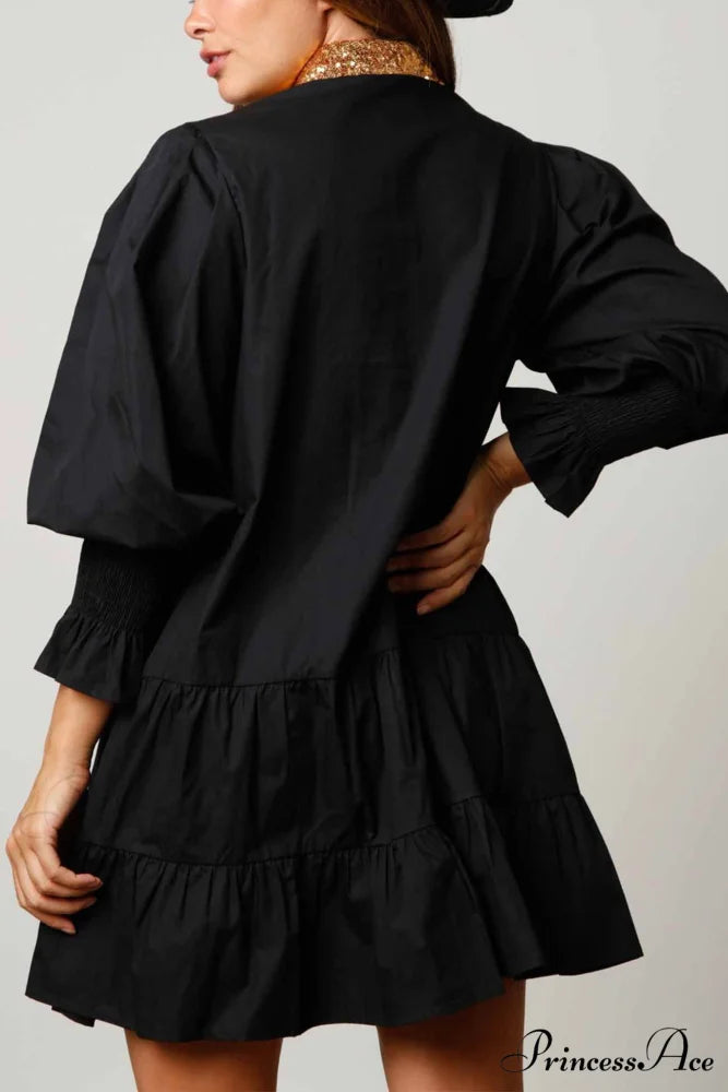 Sequin Tiered Mini Dress with Lapel Button Up Black / M