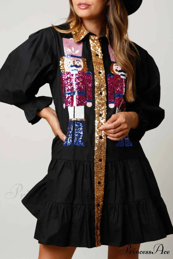 Sequin Tiered Mini Dress with Lapel Button Up Black / S