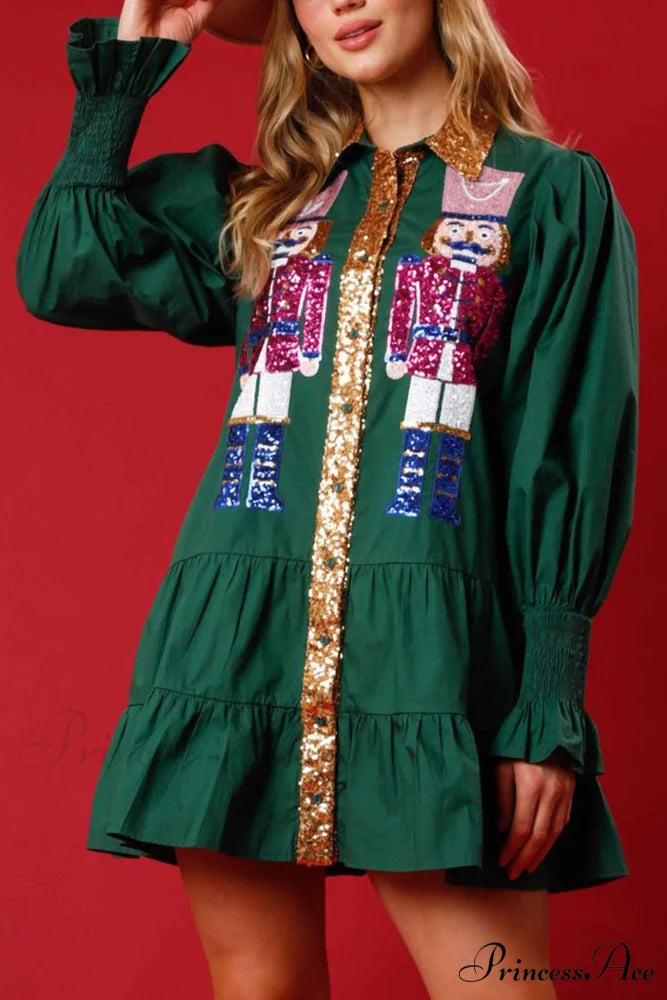 Sequin Tiered Mini Dress with Lapel Button Up Green / L