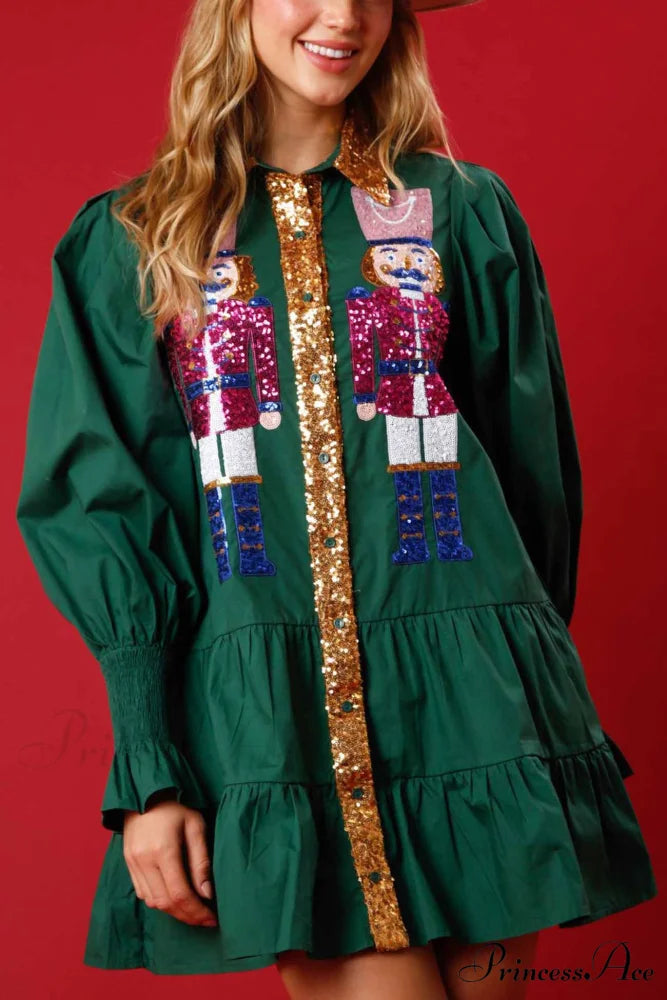 Sequin Tiered Mini Dress with Lapel Button Up Green / S
