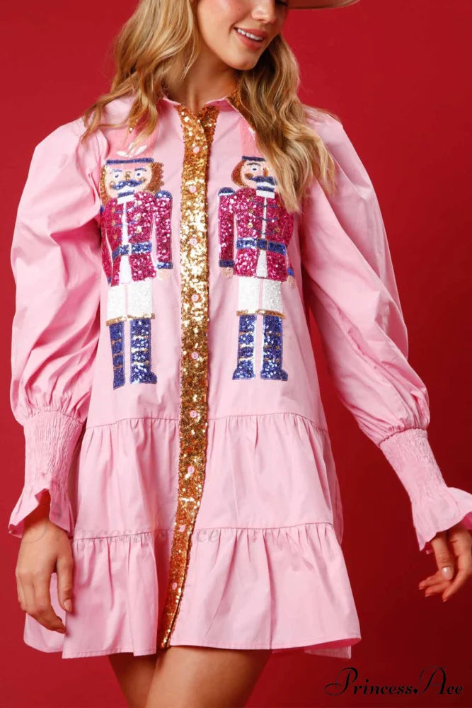 Sequin Tiered Mini Dress with Lapel Button Up Pink / S