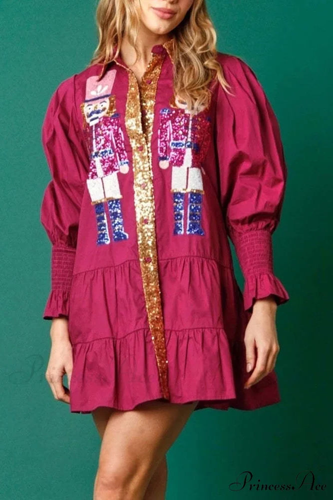 Sequin Tiered Mini Dress with Lapel Button Up Purple Red / M