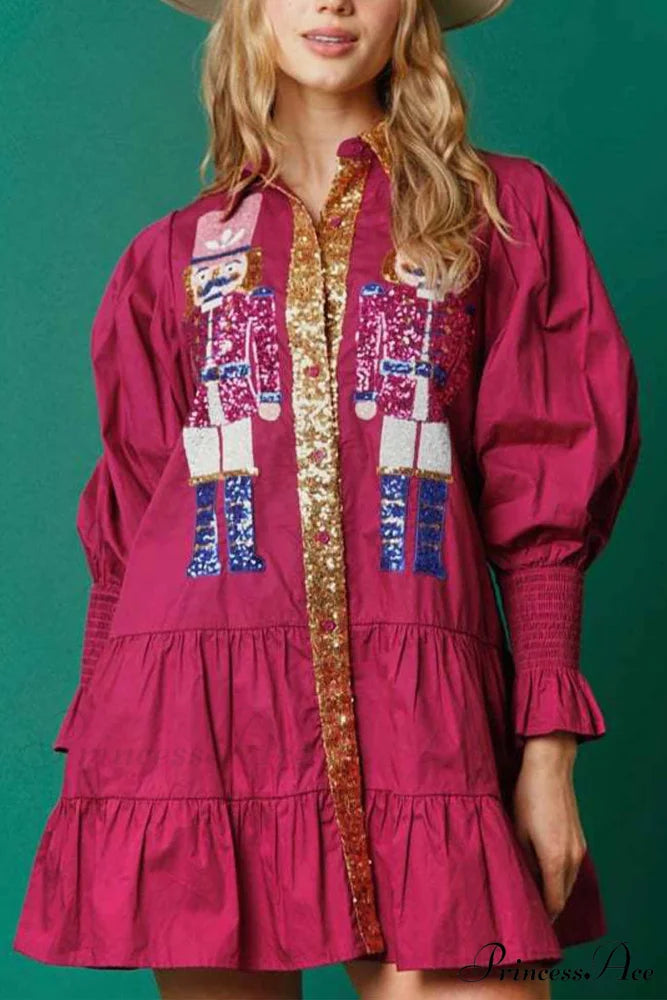 Sequin Tiered Mini Dress with Lapel Button Up Purple Red / S