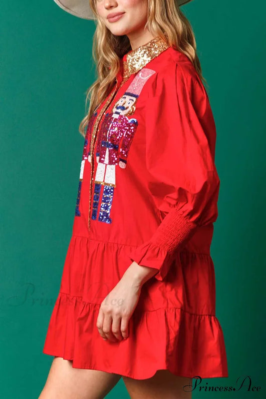 Sequin Tiered Mini Dress with Lapel Button Up Red / M