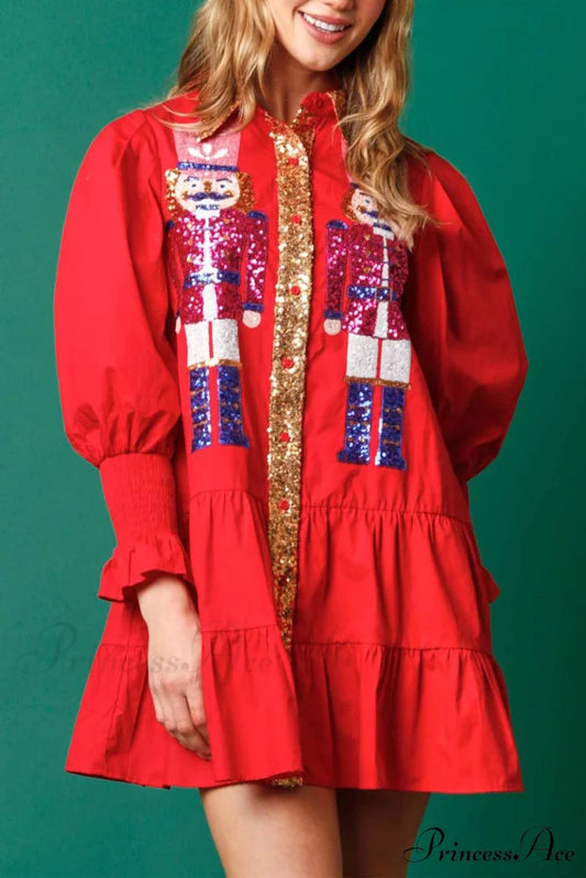 Sequin Tiered Mini Dress with Lapel Button Up Red / S