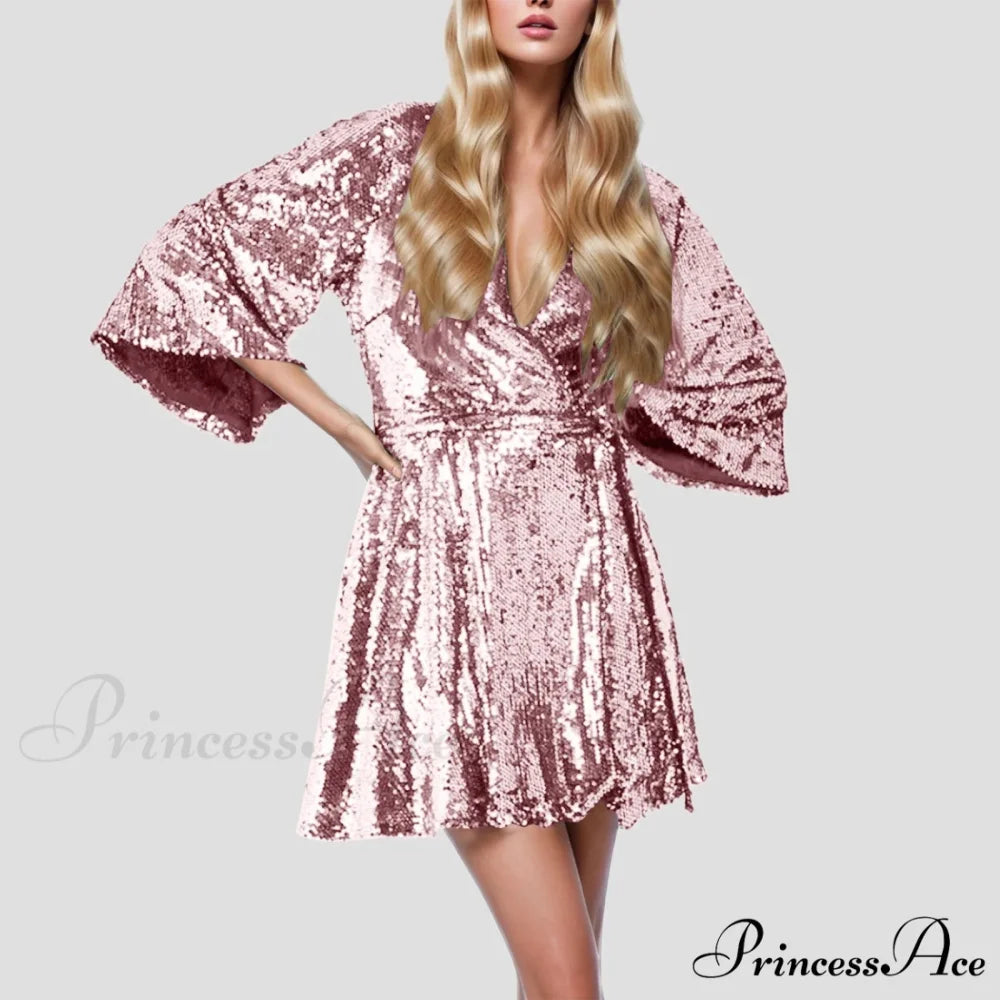 Sequin V Neck Gold Party Evening Long Ball Sexy Gown Women Prom Bridesmaid Elegant High Waist Dress Hot Pink / S