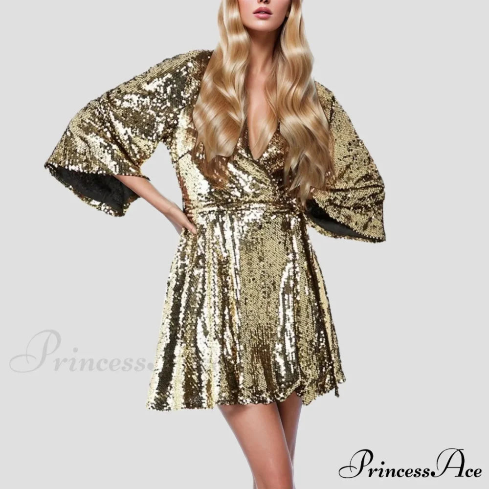 Sequin V Neck Gold Party Evening Long Ball Sexy Gown Women Prom Bridesmaid Elegant High Waist Dress Gold / S