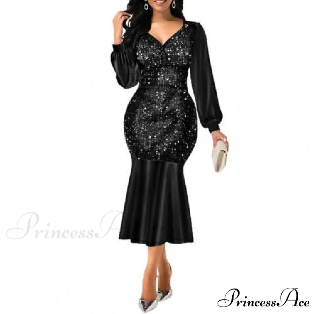 Sequin V Neck Shiny Long Sleeve Patchwork Dress black / M