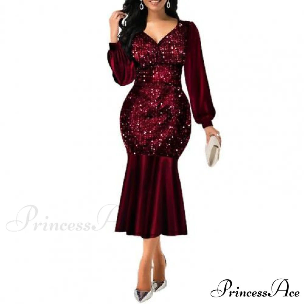 Sequin V Neck Shiny Long Sleeve Patchwork Dress Wine Red / M