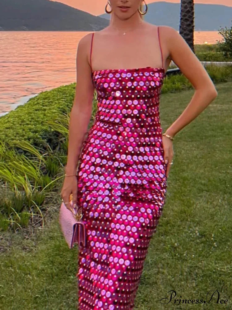 Sequin Versatile Stylish Irregular Midi Dress Rose Red / S