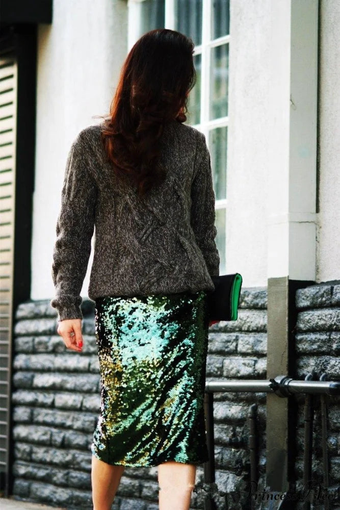 Sequin Zipper Package Hip Slim Pencil Skirt Green / S