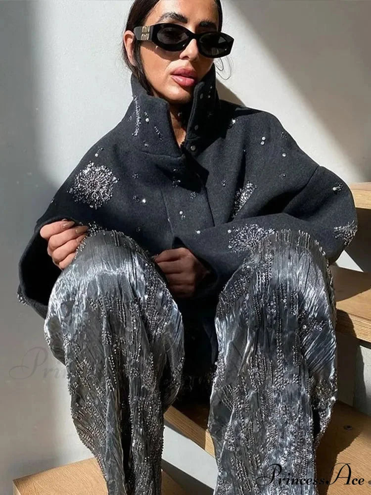 Sequined Blossom Bead Stand Collar Overcoat overcoats-241228