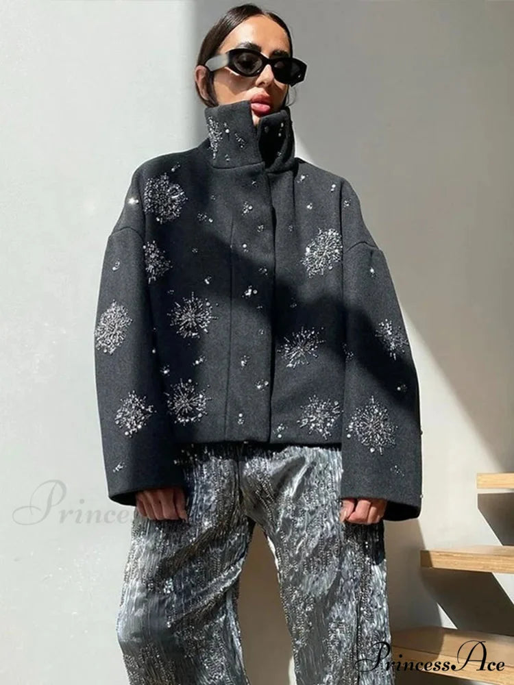 Sequined Blossom Bead Stand Collar Overcoat overcoats-241228