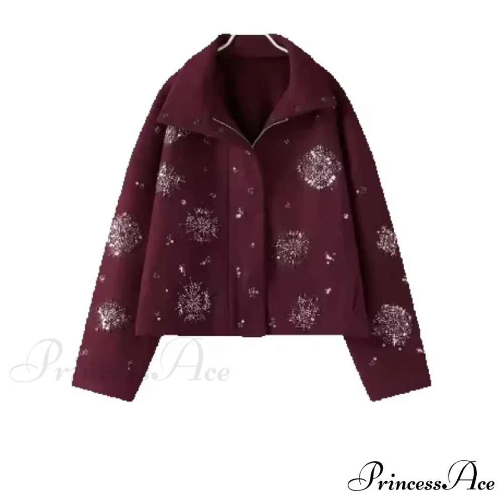 Sequined Blossom Bead Stand Collar Overcoat Red / XS overcoats-241228