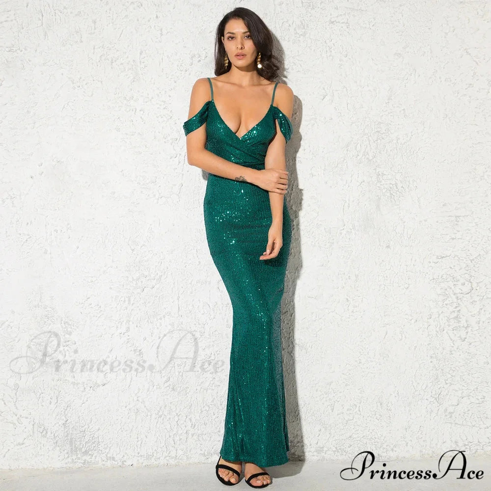 Sequined Deep V Maxi Party Dress Green / XS