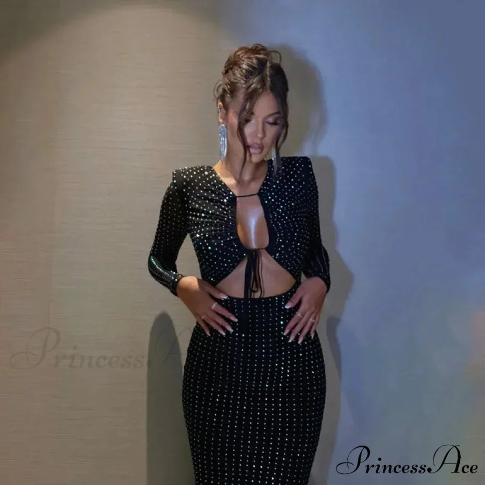 Sequined Hollow Long-sleeved Body-hugging Party-ready Clubwear Sensual Midi Dress