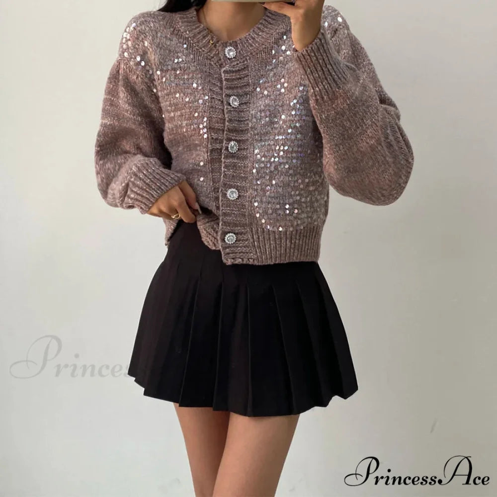 Sequined Knit Long Sleeve Cardigan Coffee / One Size