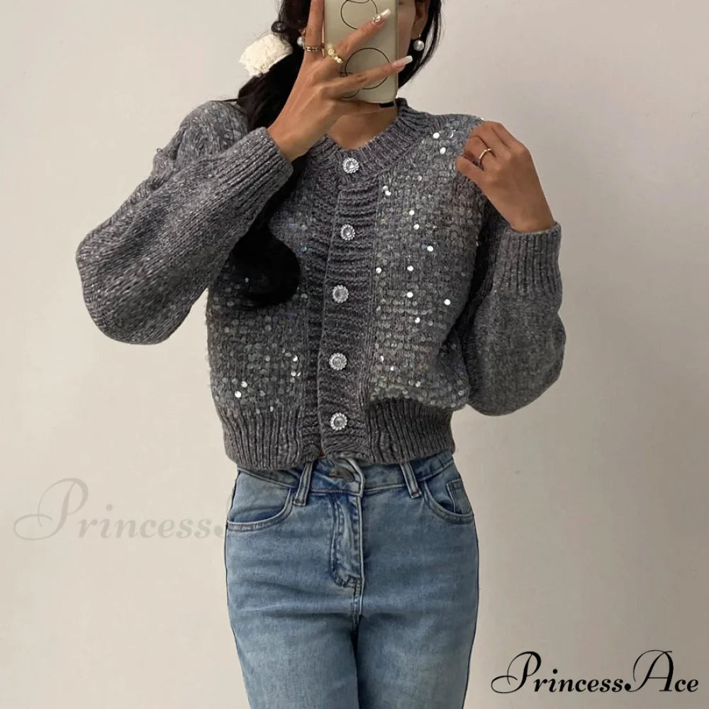 Sequined Knit Long Sleeve Cardigan Gray / One Size