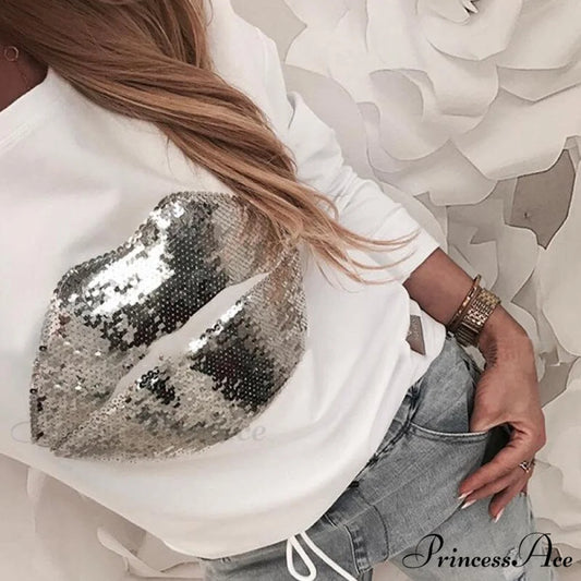 Sequined Long Sleeve Patchwork Loose Glitter Pullover White 01 / S