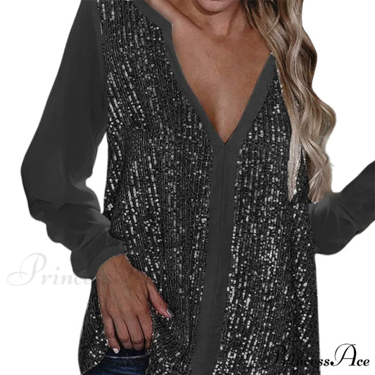 Sequined Mid-length Short-sleeved T-shirt BLACK / S