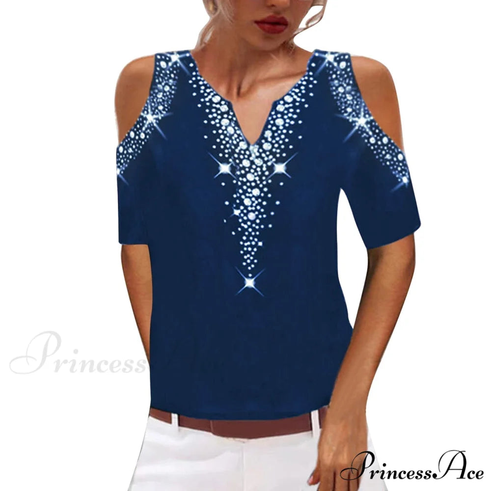 Sequined Short Sleeve Cold Shoulder V Neck Printed Club Party Shirt