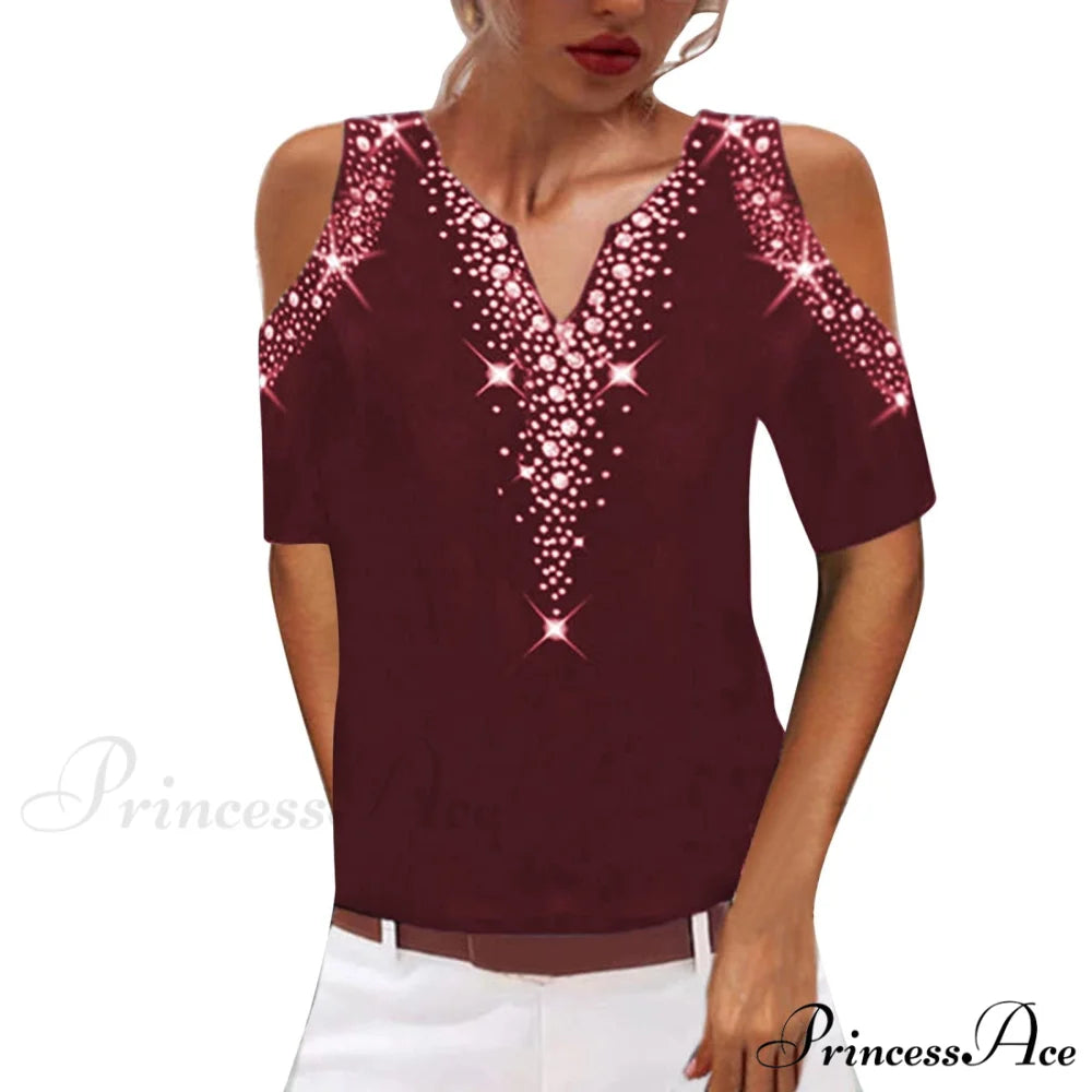 Sequined Short Sleeve Cold Shoulder V Neck Printed Club Party Shirt