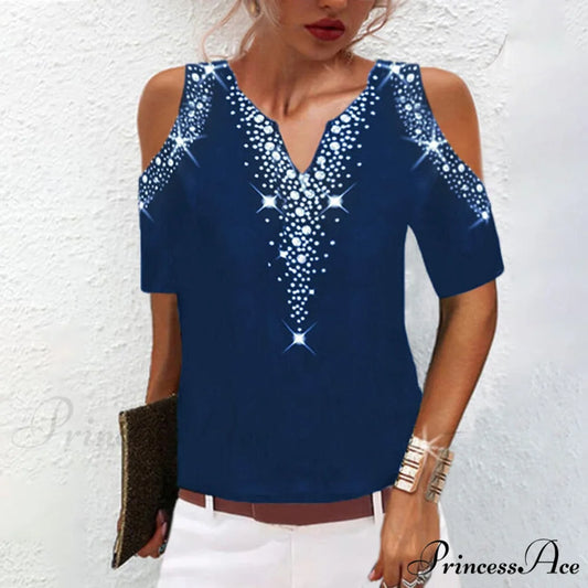 Sequined Short Sleeve Cold Shoulder V Neck Printed Club Party Shirt Dark Blue / S