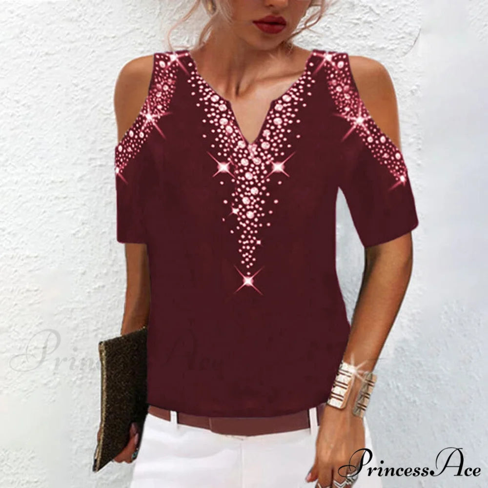 Sequined Short Sleeve Cold Shoulder V Neck Printed Club Party Shirt Wine / S