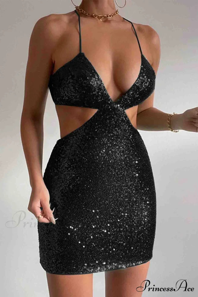 Sequined V Neck Backless Cutout Dress Black / M
