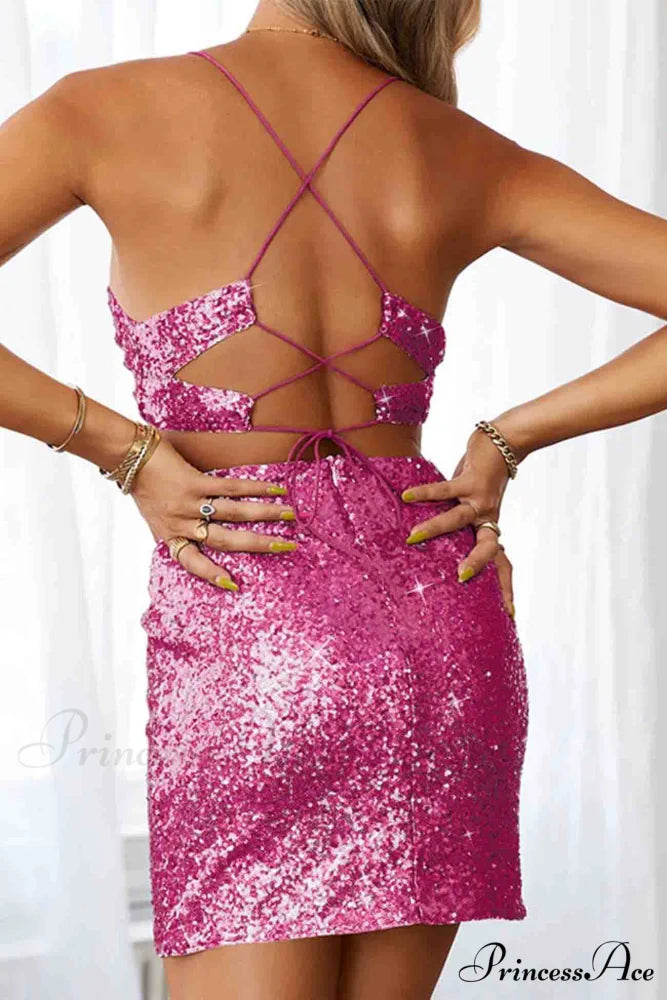 Sequined V Neck Backless Cutout Dress Rose / M