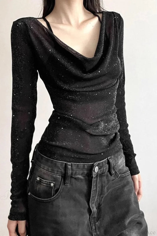 Sequined V-Neck Slim Elegant Long Sleeve Tee