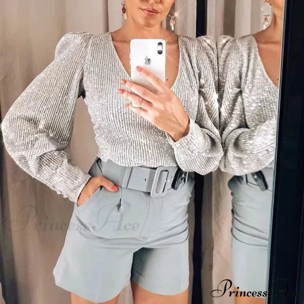 Sequined Vintage V-Neck Party Long Sleeve Tee silver / M