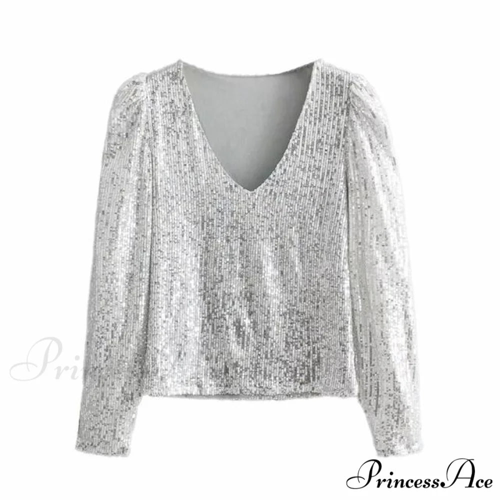 Sequined Vintage V-Neck Party Long Sleeve Tee silver / M