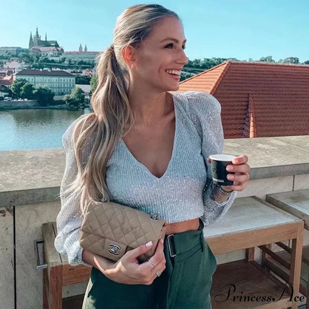 Sequined Vintage V-Neck Party Long Sleeve Tee silver / M